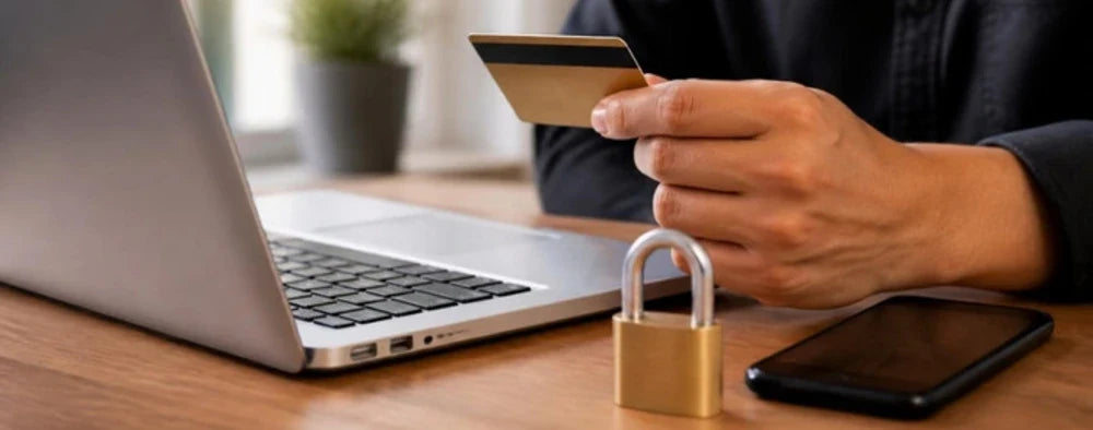 Persona comprando online con tarjeta junto a un notebook, un candado y un celular: compra segura en Cyber