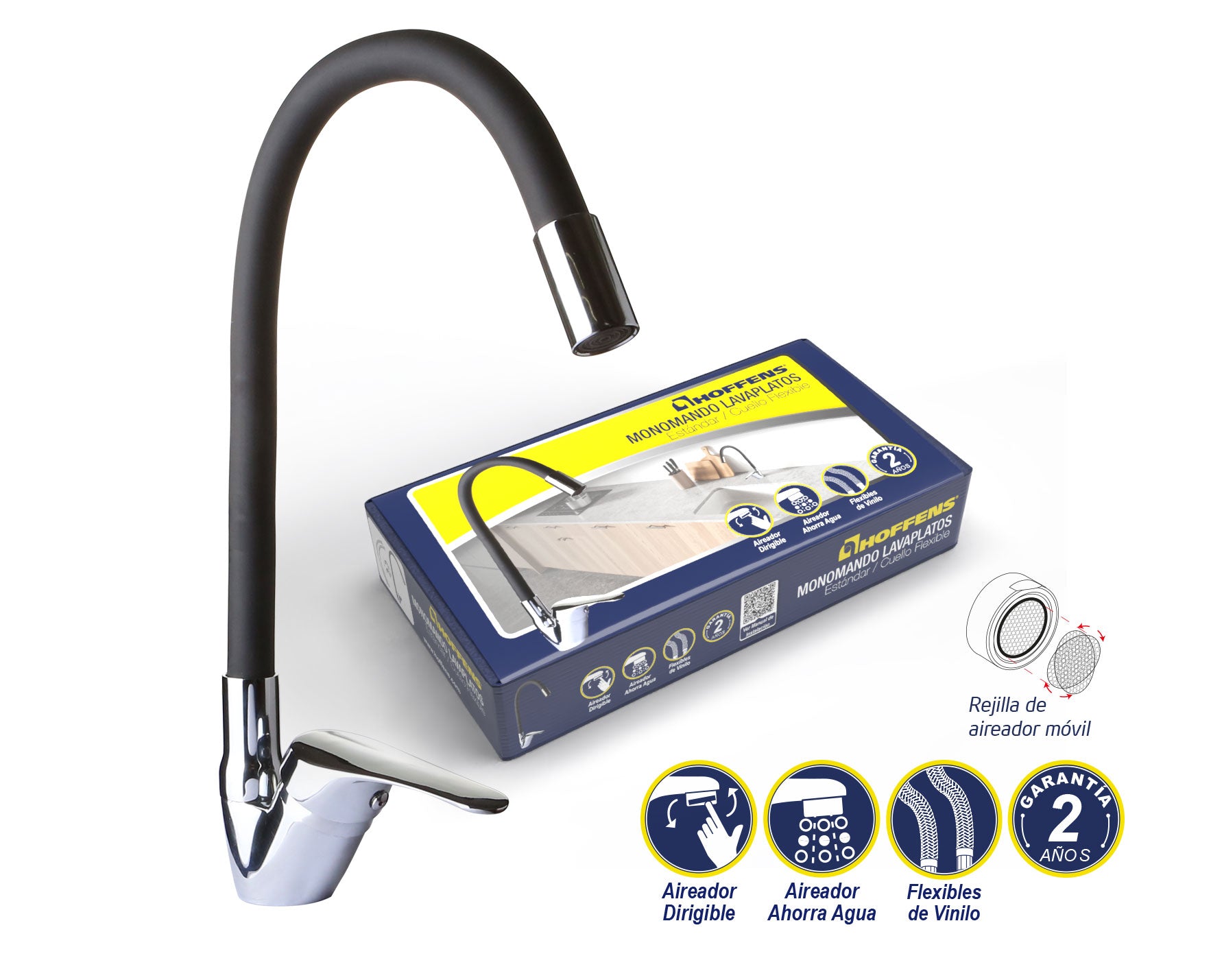 LLave Monomando Cuello Flexible Negro 50 cm Lavaplatos Estandar (Hoffens)