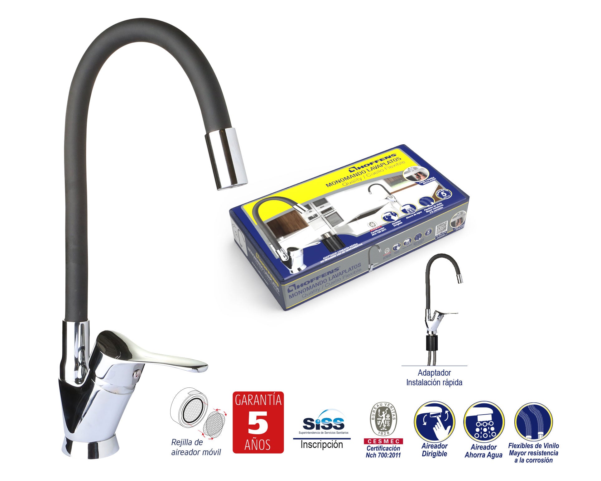 Llave Monomando Cuello Flexible Negro 50 cm Lavaplatos Quality (Hoffens)