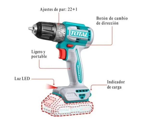 Taladro Atornillador Inalambrico 10mm 52NM 20V 2Bat+Carg+acces TDLI20453