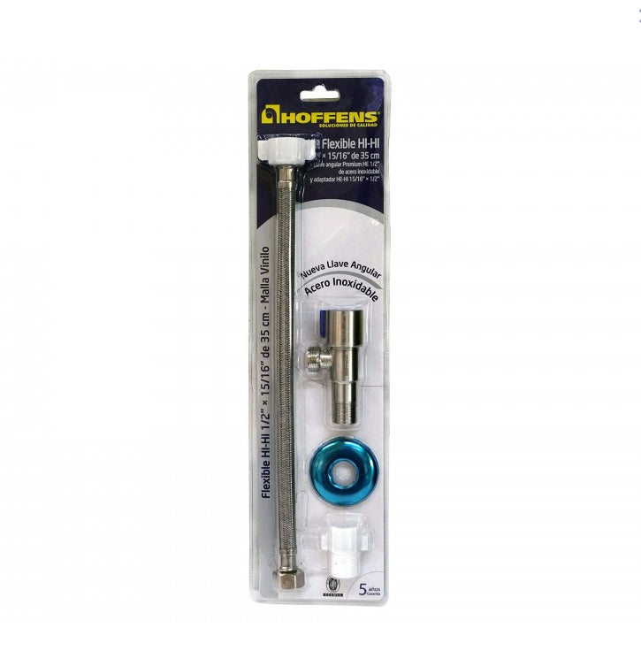 Kit Llave Angular Inoxidable + Flexible Inox 35 cms HI / HI 1/2” × 15/16”